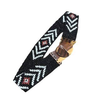 Vintage Hand Beaded Black White Elastic Stretch Belt Wood Detail Boho 31"-33"